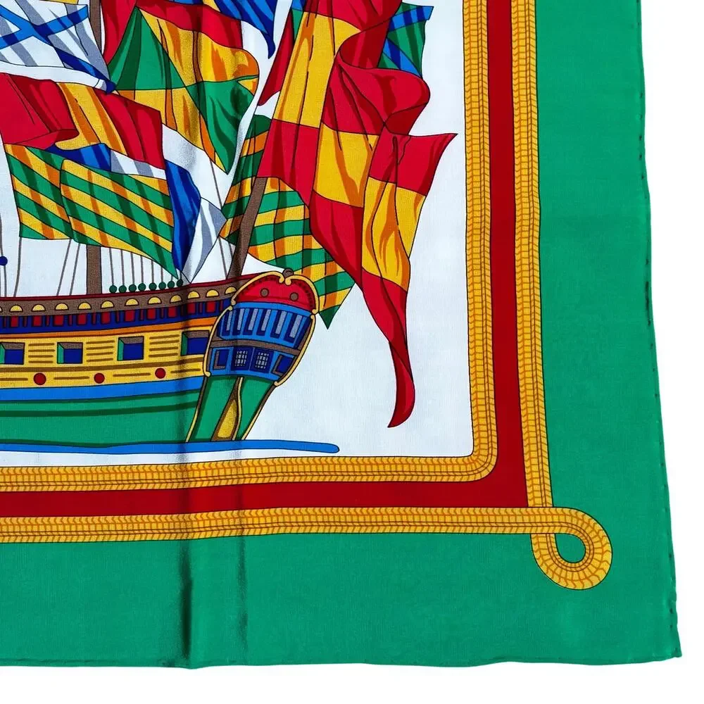 Vintage silky scarf multicolor green white sailing ship flagship motif colorful